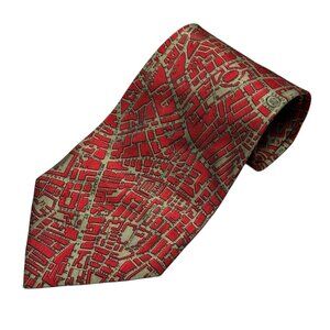 Civitas 100% Silk Tie Map of London 1843 Red Hand Made in USA 4.5"